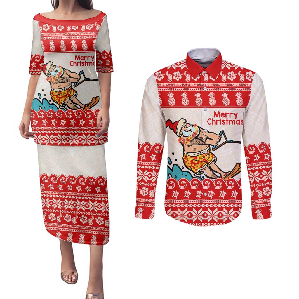 Mele Kalikimaka Hawaii Couples Matching Puletasi and Long Sleeve Button Shirt Water-skiing Santa Tropical Vibes LT14 Red - Polynesian Pride