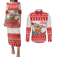 Mele Kalikimaka Hawaii Couples Matching Puletasi and Long Sleeve Button Shirt Water-skiing Santa Tropical Vibes LT14 Red - Polynesian Pride