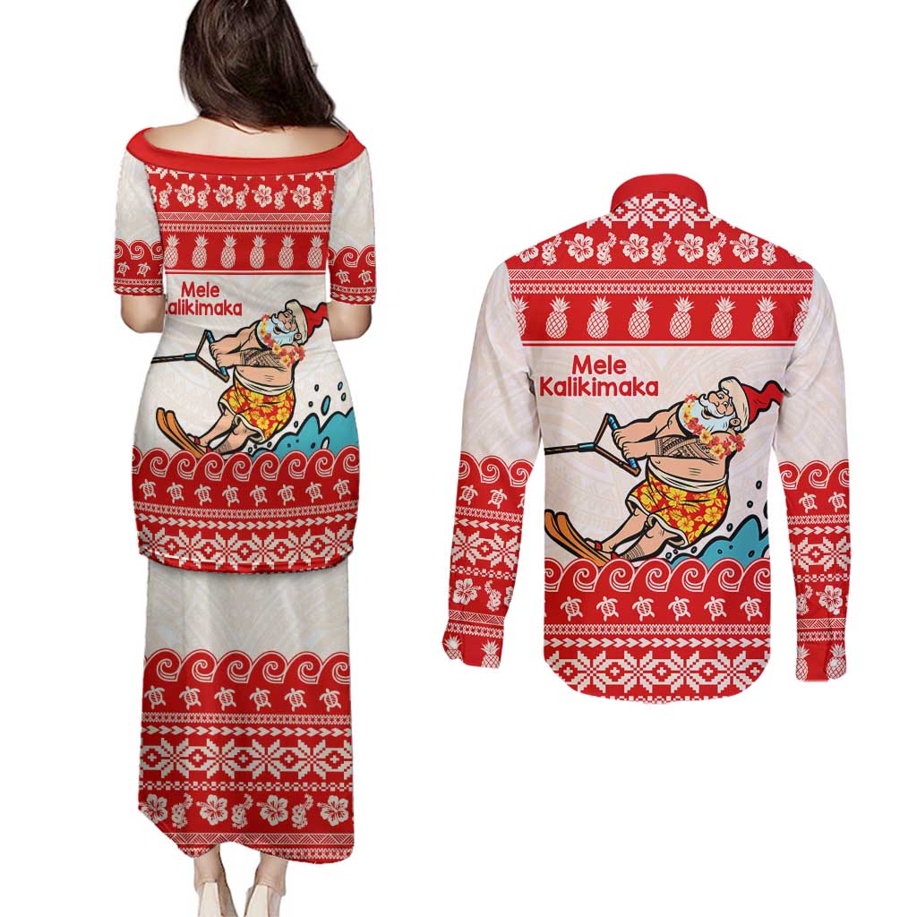 Mele Kalikimaka Hawaii Couples Matching Puletasi and Long Sleeve Button Shirt Water-skiing Santa Tropical Vibes LT14 - Polynesian Pride