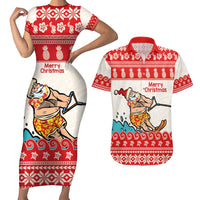 Mele Kalikimaka Hawaii Couples Matching Short Sleeve Bodycon Dress and Hawaiian Shirt Water-skiing Santa Tropical Vibes LT14 Red - Polynesian Pride