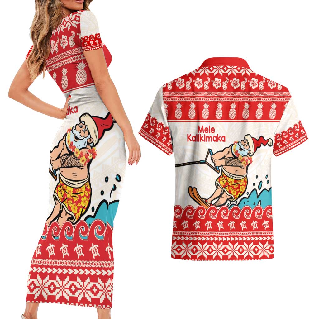 Mele Kalikimaka Hawaii Couples Matching Short Sleeve Bodycon Dress and Hawaiian Shirt Water-skiing Santa Tropical Vibes LT14 - Polynesian Pride