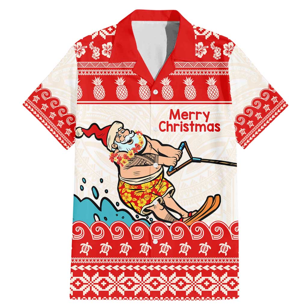 Mele Kalikimaka Hawaii Family Matching Mermaid Dress and Hawaiian Shirt Water-skiing Santa Tropical Vibes LT14 Dad's Shirt - Short Sleeve Red - Polynesian Pride