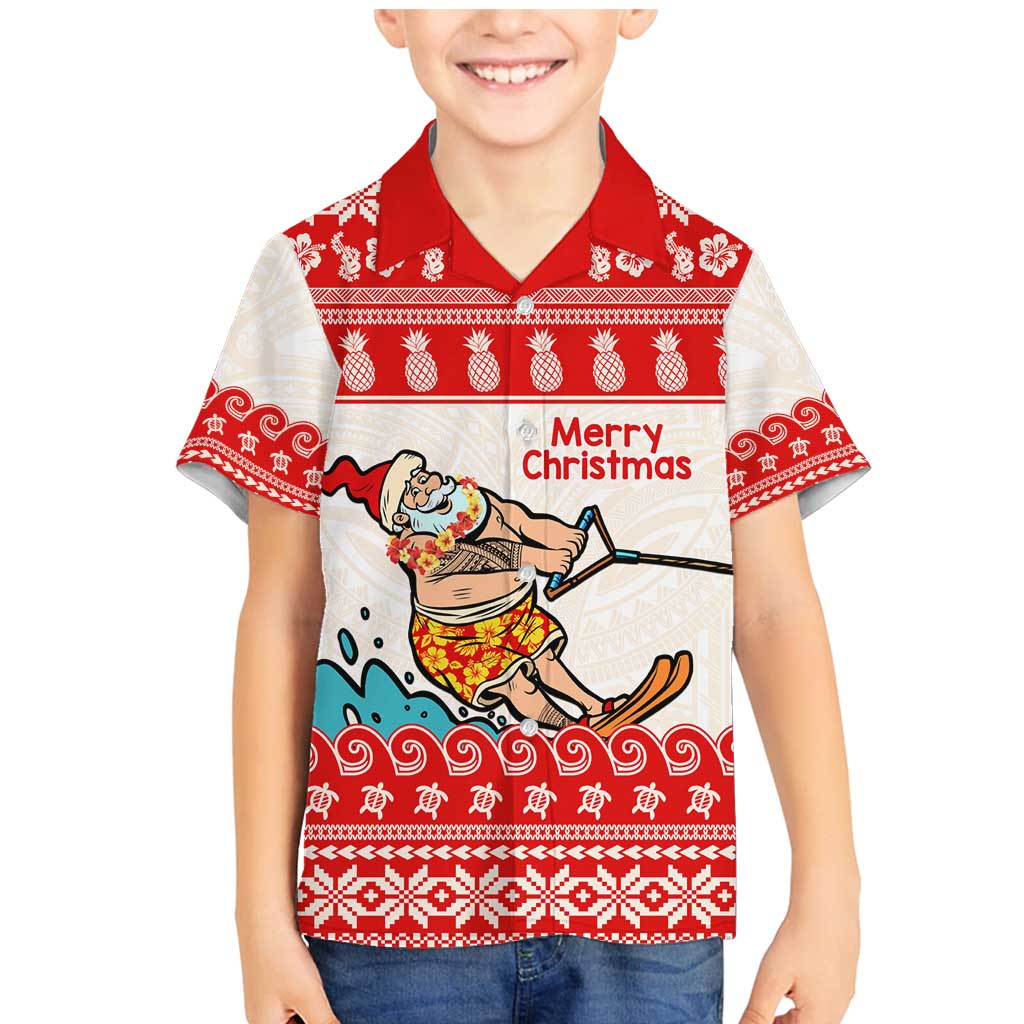Mele Kalikimaka Hawaii Family Matching Mermaid Dress and Hawaiian Shirt Water-skiing Santa Tropical Vibes LT14 Son's Shirt Red - Polynesian Pride