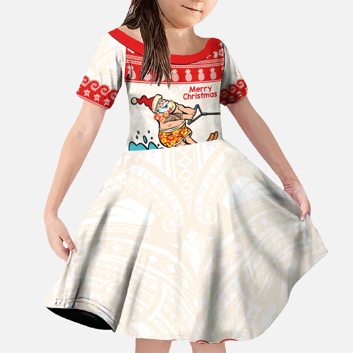 Mele Kalikimaka Hawaii Family Matching Off The Shoulder Long Sleeve Dress and Hawaiian Shirt Water-skiing Santa Tropical Vibes LT14 Daughter's Dress Red - Polynesian Pride