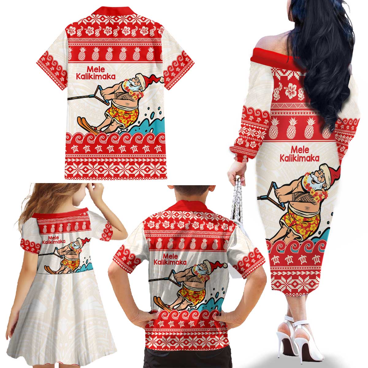 Mele Kalikimaka Hawaii Family Matching Off The Shoulder Long Sleeve Dress and Hawaiian Shirt Water-skiing Santa Tropical Vibes LT14 - Polynesian Pride