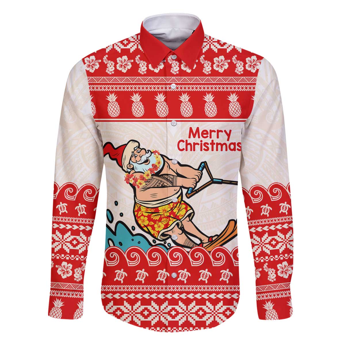 Mele Kalikimaka Hawaii Family Matching Off The Shoulder Long Sleeve Dress and Hawaiian Shirt Water-skiing Santa Tropical Vibes LT14 Dad's Shirt - Long Sleeve Red - Polynesian Pride