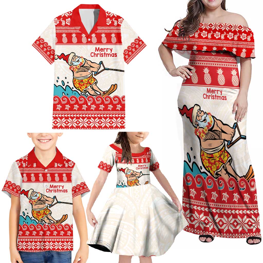 Mele Kalikimaka Hawaii Family Matching Off Shoulder Maxi Dress and Hawaiian Shirt Water-skiing Santa Tropical Vibes LT14 - Polynesian Pride