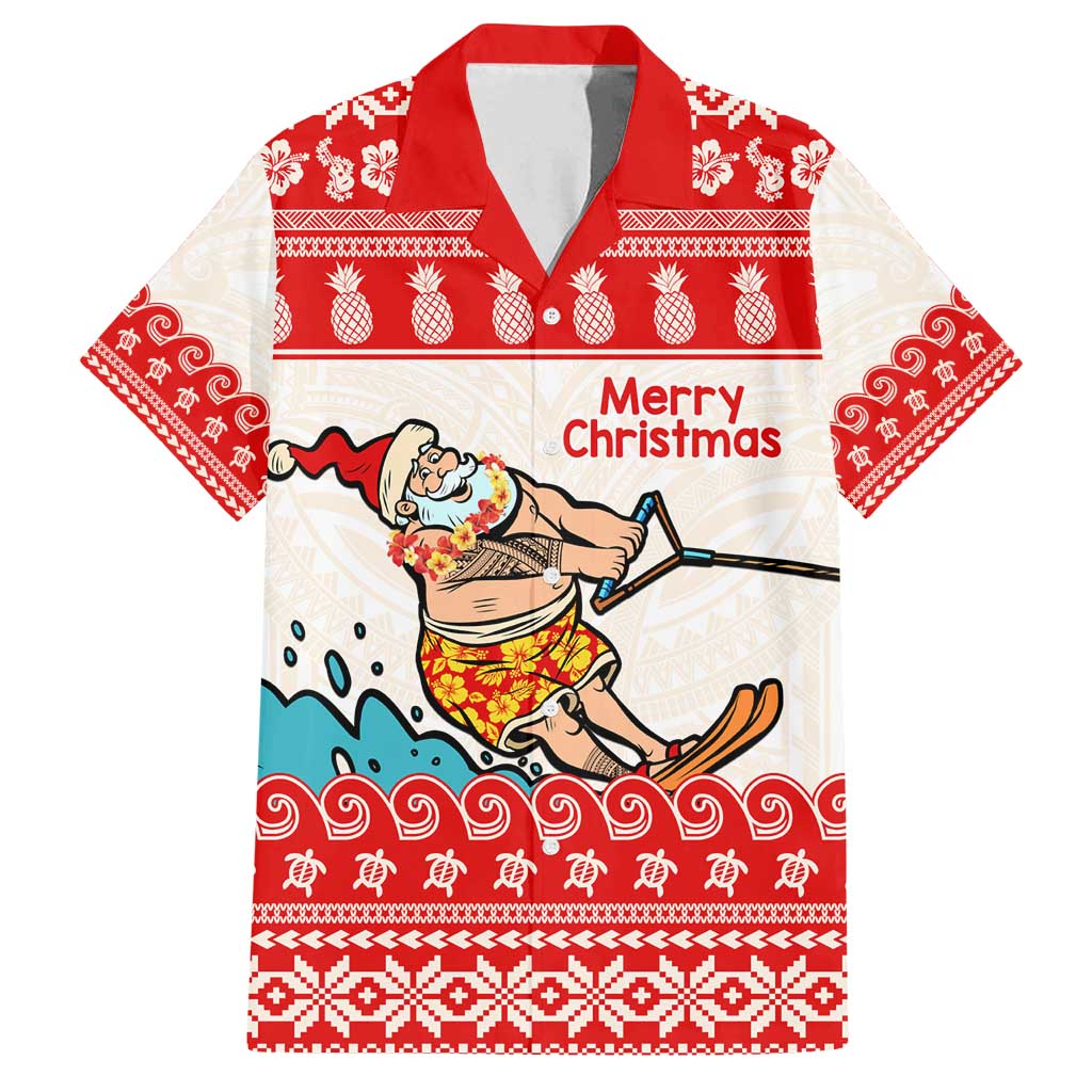 Mele Kalikimaka Hawaii Family Matching Off Shoulder Maxi Dress and Hawaiian Shirt Water-skiing Santa Tropical Vibes LT14 Dad's Shirt - Short Sleeve Red - Polynesian Pride