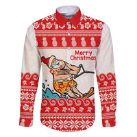 Mele Kalikimaka Hawaii Family Matching Off Shoulder Maxi Dress and Hawaiian Shirt Water-skiing Santa Tropical Vibes LT14 Dad's Shirt - Long Sleeve Red - Polynesian Pride