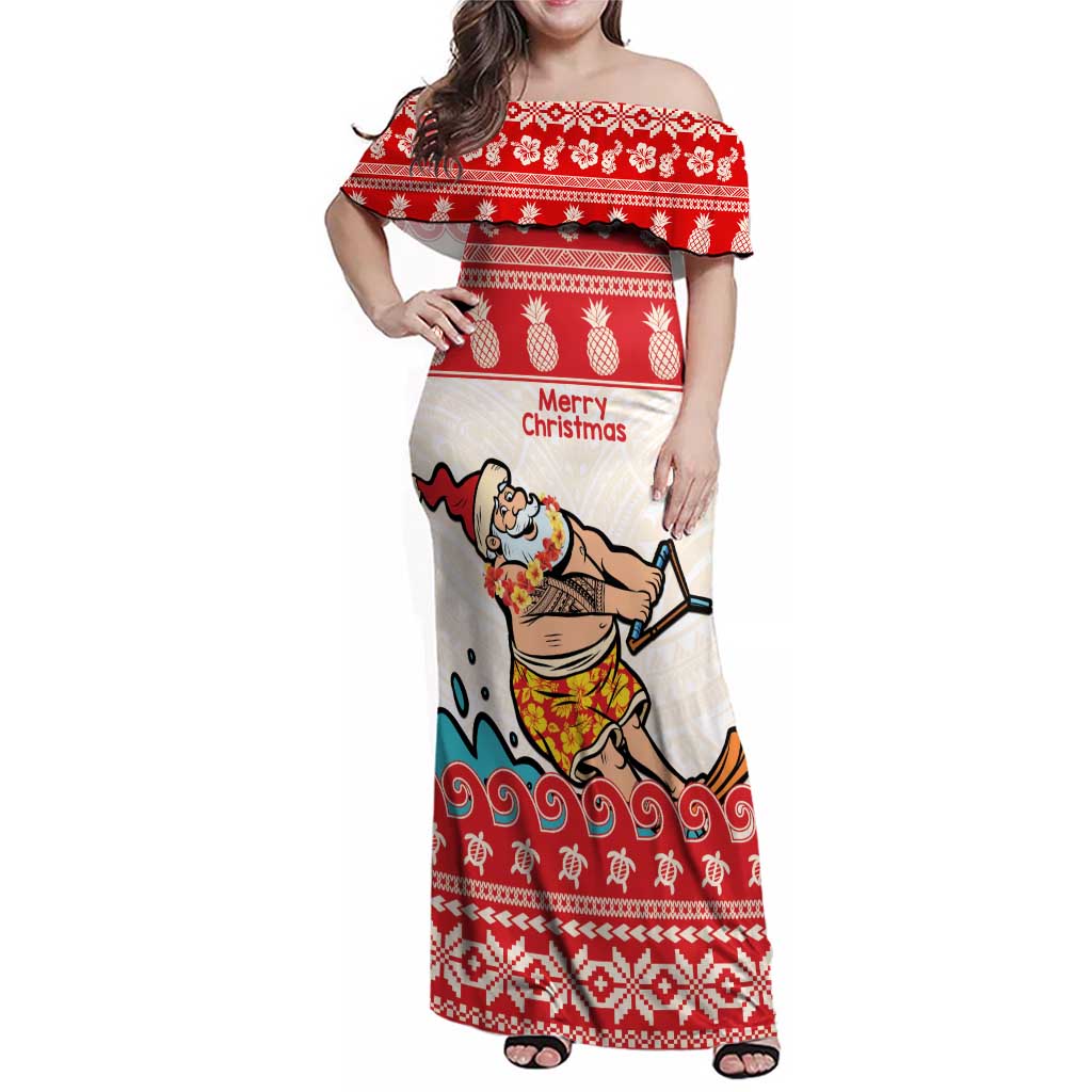 Mele Kalikimaka Hawaii Family Matching Off Shoulder Maxi Dress and Hawaiian Shirt Water-skiing Santa Tropical Vibes LT14 Mom's Dress Red - Polynesian Pride