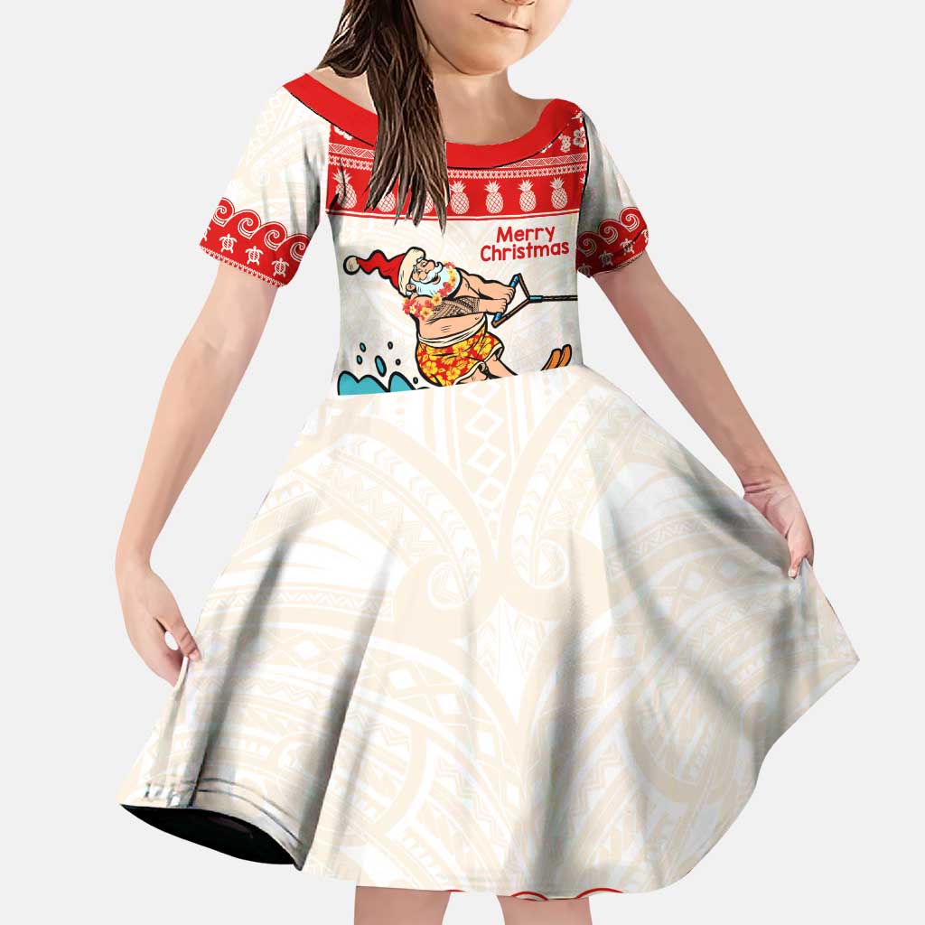 Mele Kalikimaka Hawaii Family Matching Puletasi and Hawaiian Shirt Water-skiing Santa Tropical Vibes LT14 Daughter's Dress Red - Polynesian Pride
