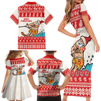 Mele Kalikimaka Hawaii Family Matching Short Sleeve Bodycon Dress and Hawaiian Shirt Water-skiing Santa Tropical Vibes