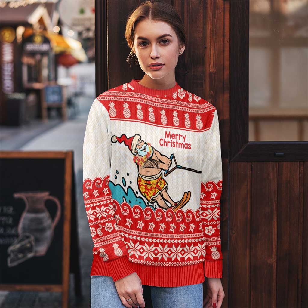 Mele Kalikimaka Hawaii Ugly Christmas Sweater Water-skiing Santa Tropical Vibes