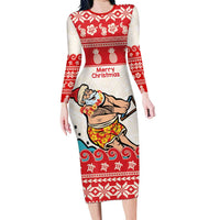 Mele Kalikimaka Hawaii Long Sleeve Bodycon Dress Water-skiing Santa Tropical Vibes LT14 Long Dress Red - Polynesian Pride