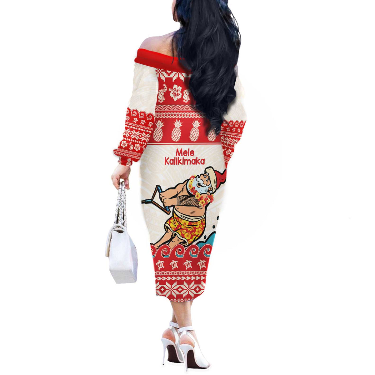 Mele Kalikimaka Hawaii Off The Shoulder Long Sleeve Dress Water-skiing Santa Tropical Vibes LT14 - Polynesian Pride