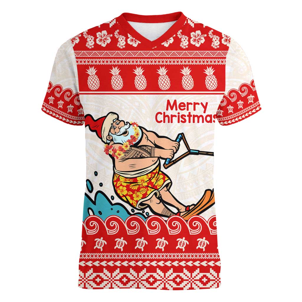 Mele Kalikimaka Hawaii Women V-Neck T-Shirt Water-skiing Santa Tropical Vibes LT14 Female Red - Polynesian Pride