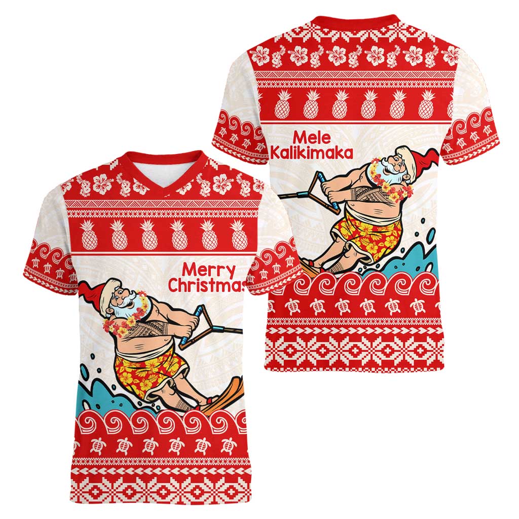 Mele Kalikimaka Hawaii Women V-Neck T-Shirt Water-skiing Santa Tropical Vibes LT14 - Polynesian Pride