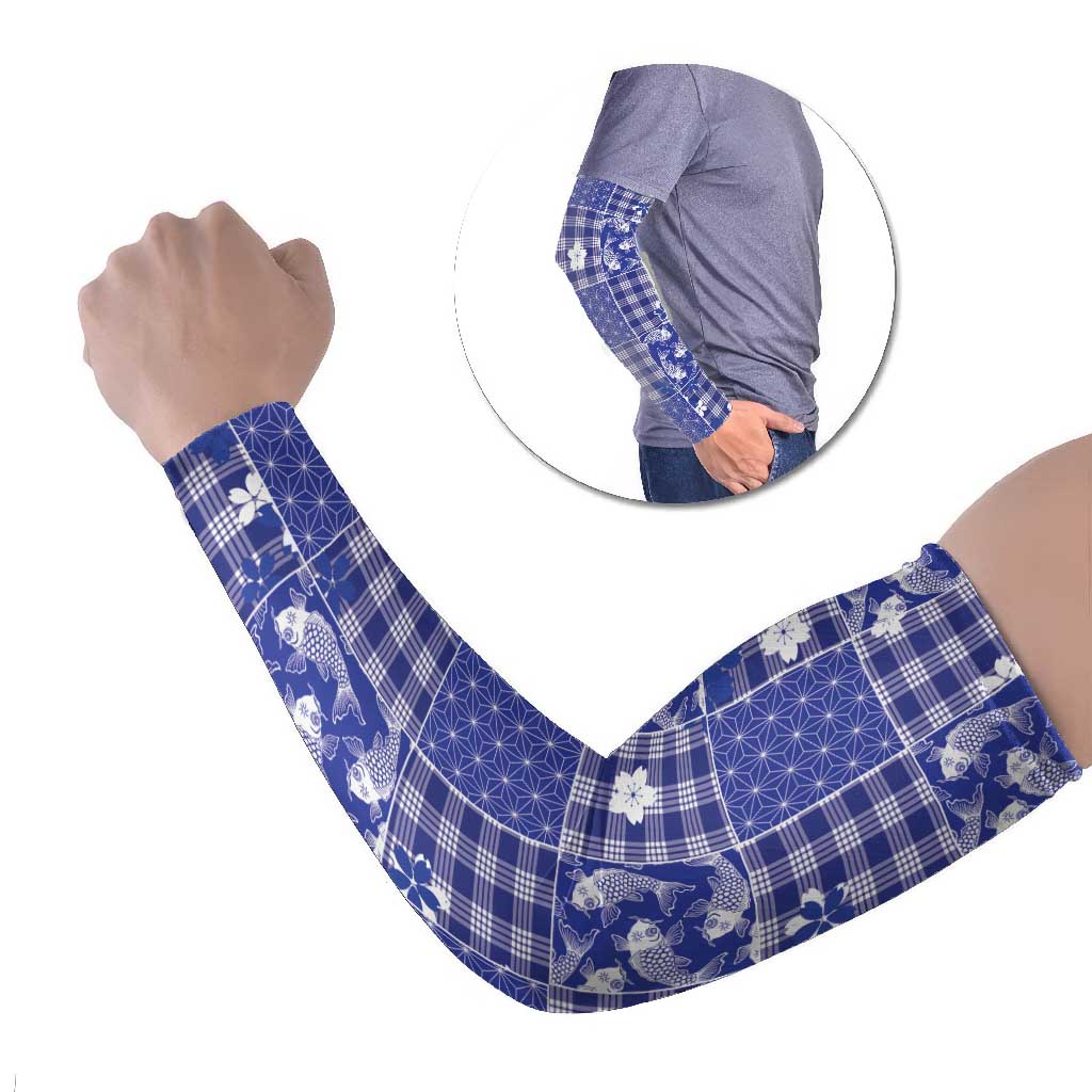 Blue Palaka Japanese Patterns Arm Sleeves Koi Fish Asanoha Sakura Patchwork Stylized - Polynesian Pride