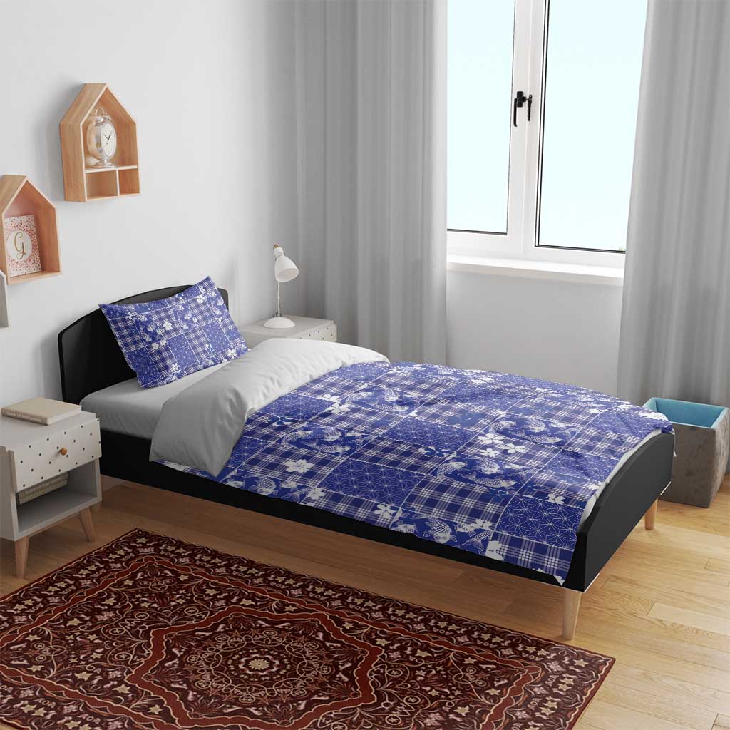 Blue Palaka Japanese Patterns Bedding Set Koi Fish Asanoha Sakura Patchwork Stylized - Polynesian Pride