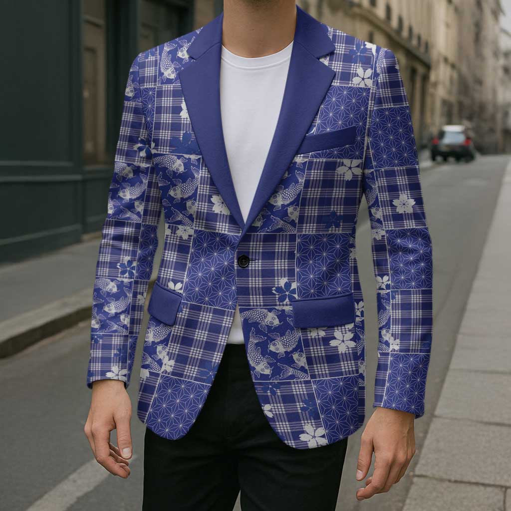 Blue Palaka Japanese Patterns Blazer Koi Fish Asanoha Sakura Patchwork Stylized - Polynesian Pride