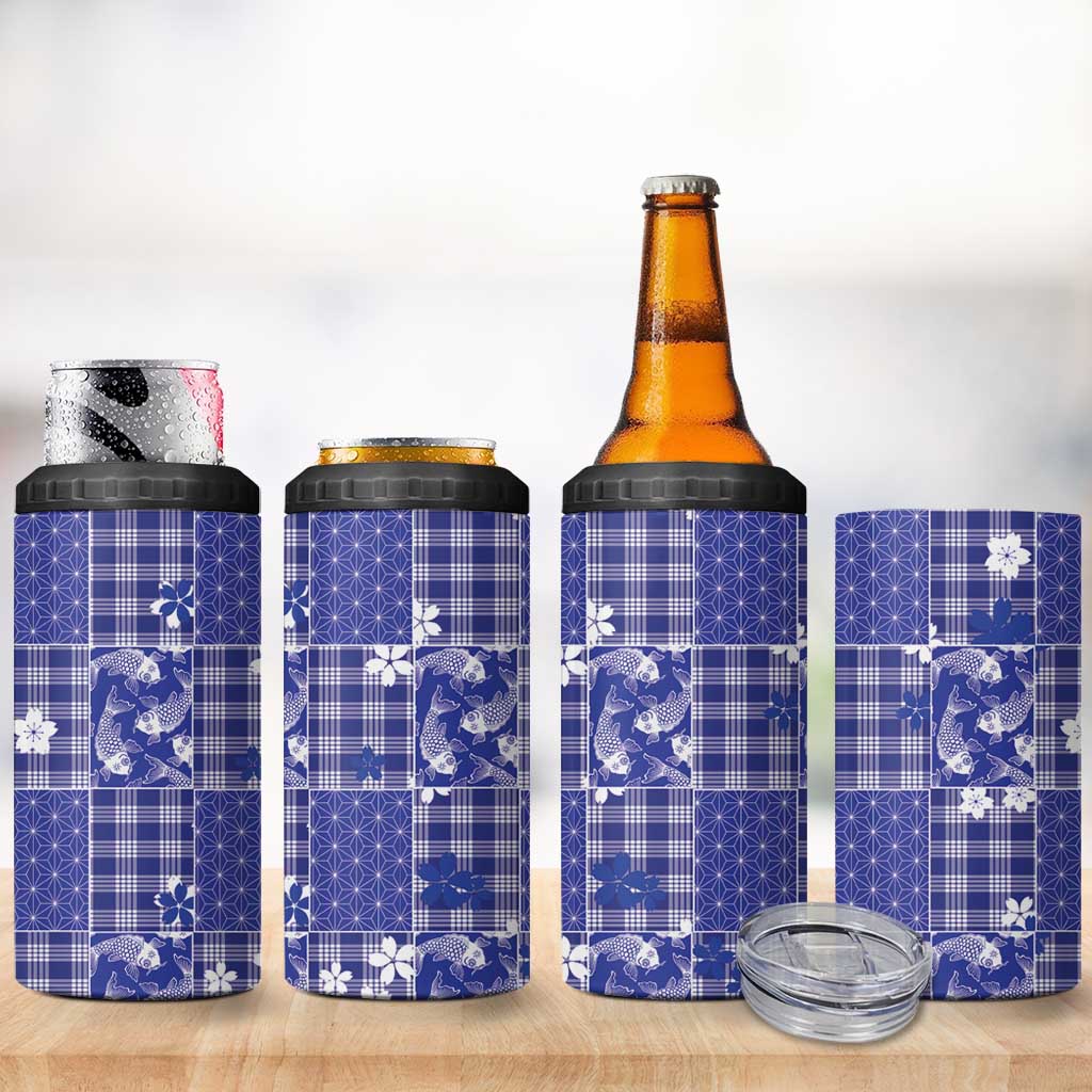 Blue Palaka Japanese Patterns 4 in 1 Can Cooler Tumbler Koi Fish Asanoha Sakura Patchwork Stylized LT14 - Polynesian Pride