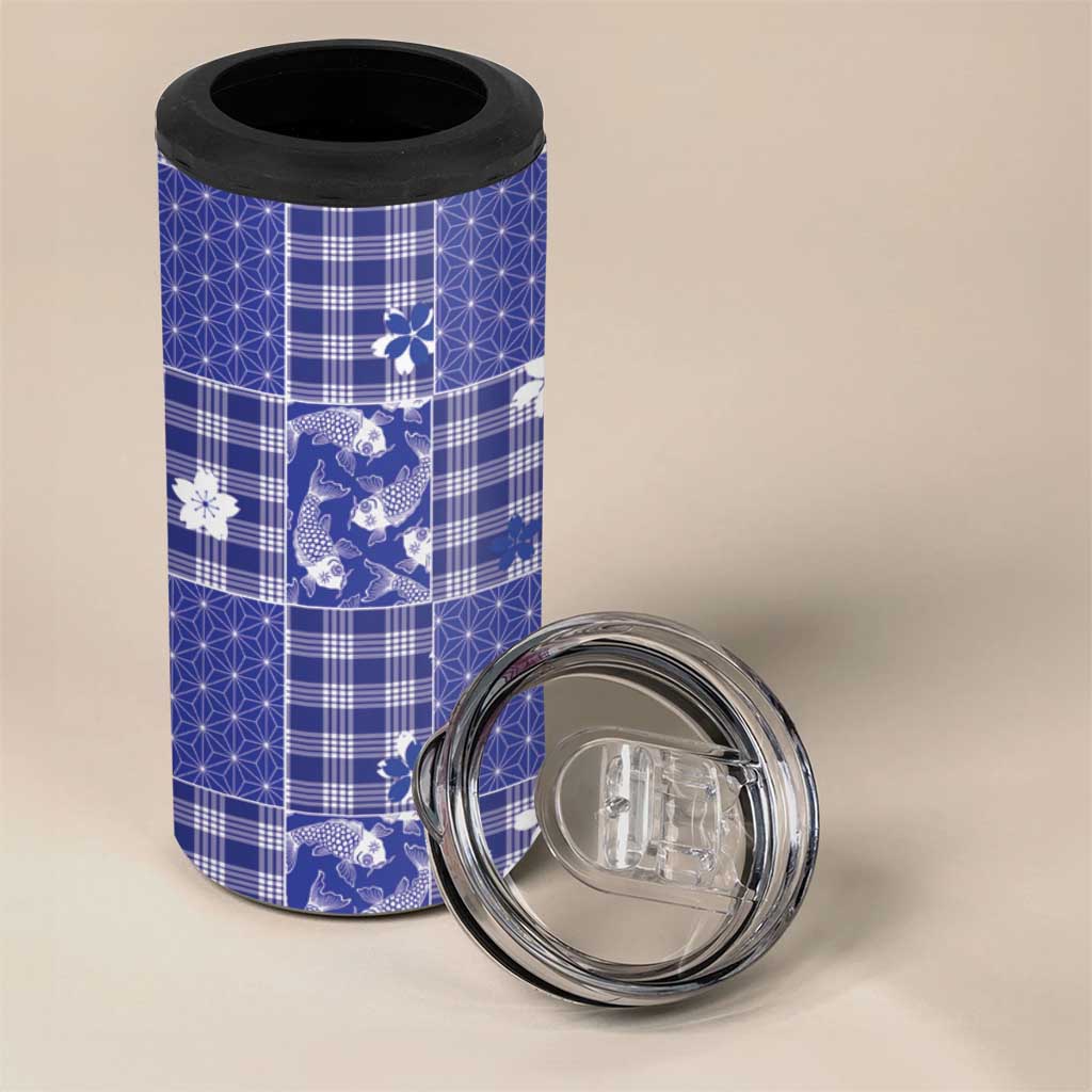Blue Palaka Japanese Patterns 4 in 1 Can Cooler Tumbler Koi Fish Asanoha Sakura Patchwork Stylized LT14 - Polynesian Pride