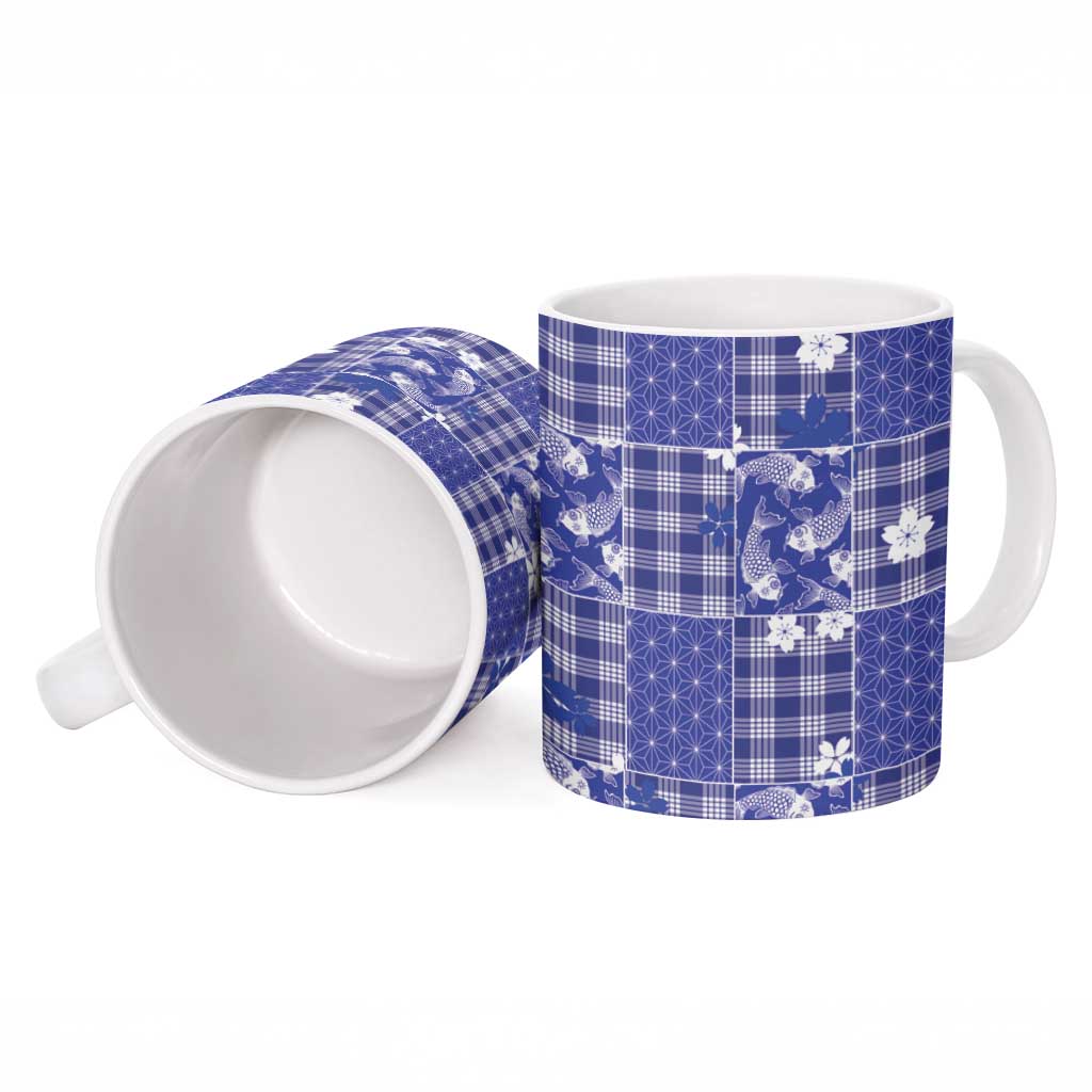 Blue Palaka Japanese Patterns Ceramic Mug Koi Fish Asanoha Sakura Patchwork Stylized - Polynesian Pride
