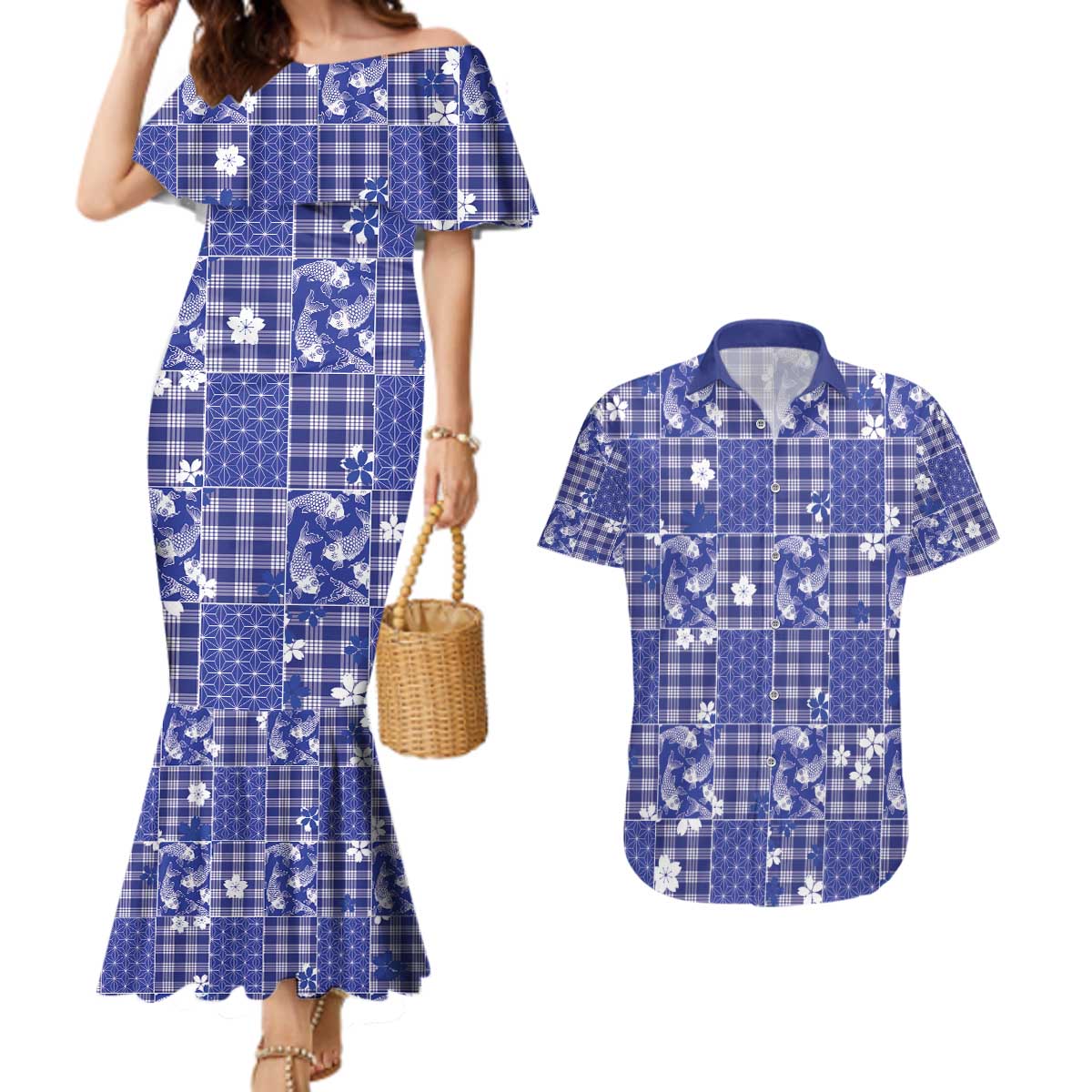Blue Palaka Japanese Patterns Couples Matching Mermaid Dress and Hawaiian Shirt Koi Fish Asanoha Sakura Patchwork Stylized - Polynesian Pride