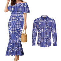 Blue Palaka Japanese Patterns Couples Matching Mermaid Dress and Long Sleeve Button Shirt Koi Fish Asanoha Sakura Patchwork Stylized - Polynesian Pride