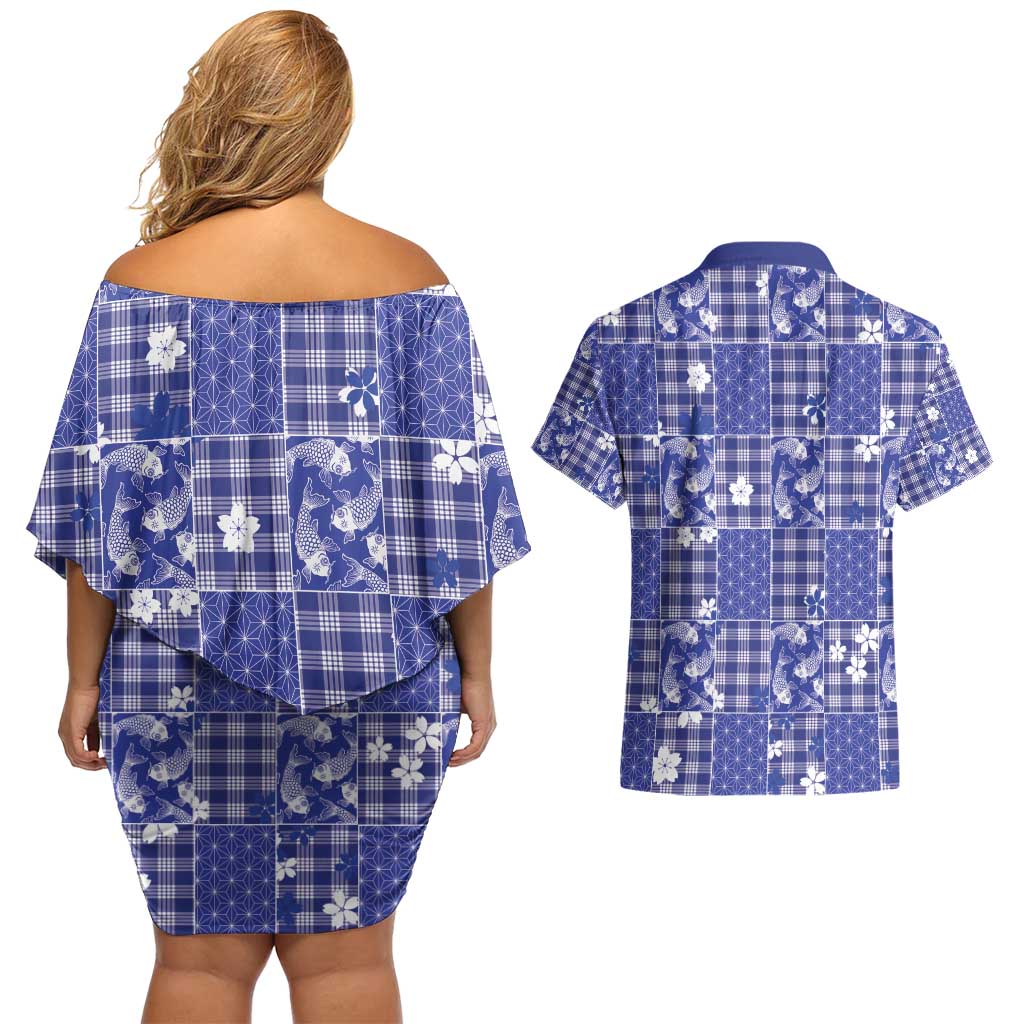 Blue Palaka Japanese Patterns Couples Matching Off Shoulder Short Dress and Hawaiian Shirt Koi Fish Asanoha Sakura Patchwork Stylized - Polynesian Pride