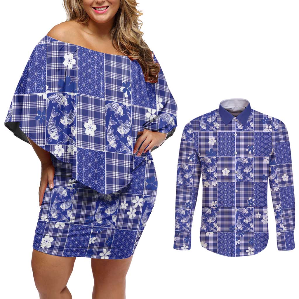 Blue Palaka Japanese Patterns Couples Matching Off Shoulder Short Dress and Long Sleeve Button Shirt Koi Fish Asanoha Sakura Patchwork Stylized LT14 Blue - Polynesian Pride
