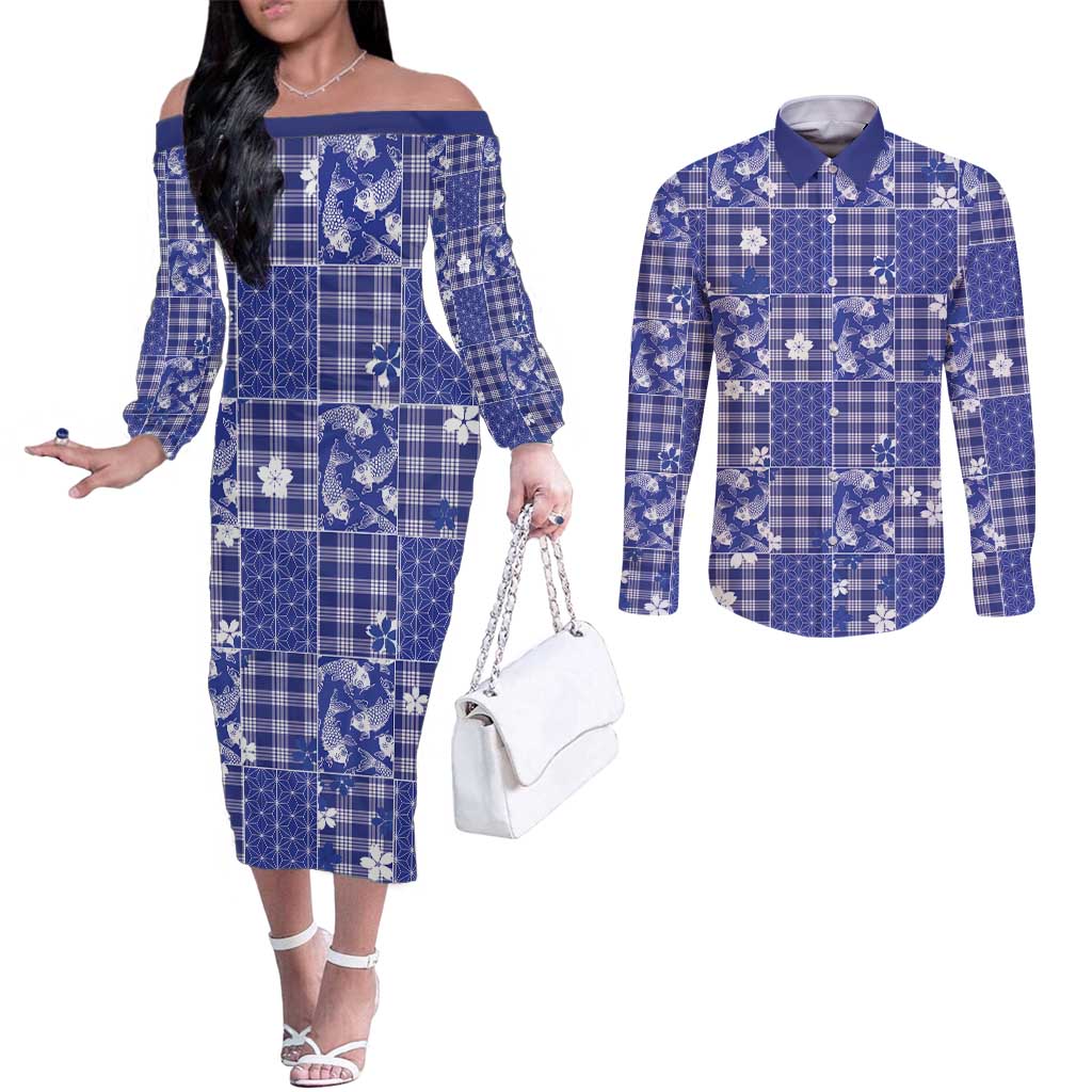Blue Palaka Japanese Patterns Couples Matching Off The Shoulder Long Sleeve Dress and Long Sleeve Button Shirt Koi Fish Asanoha Sakura Patchwork Stylized LT14 Blue - Polynesian Pride