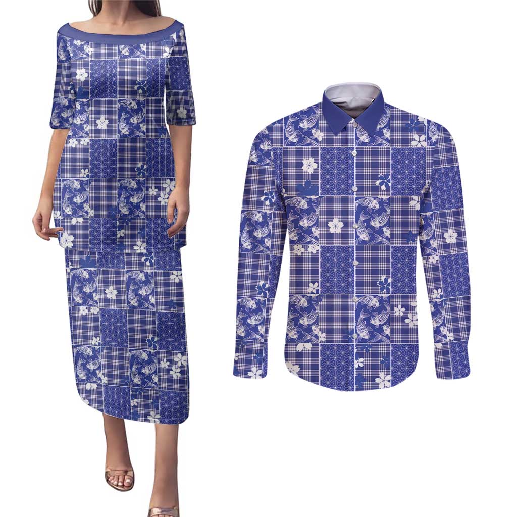 Blue Palaka Japanese Patterns Couples Matching Puletasi and Long Sleeve Button Shirt Koi Fish Asanoha Sakura Patchwork Stylized LT14 Blue - Polynesian Pride
