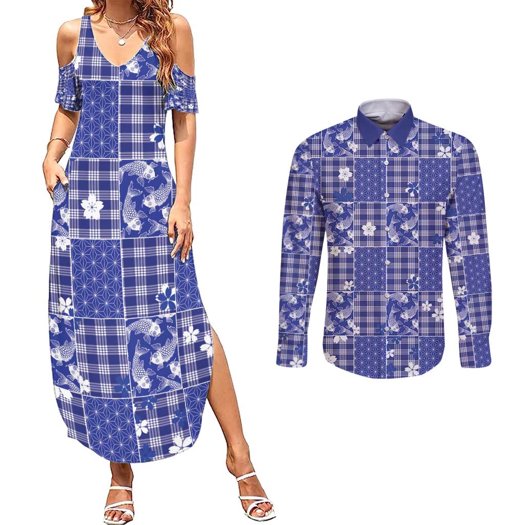 Blue Palaka Japanese Patterns Couples Matching Summer Maxi Dress and Long Sleeve Button Shirt Koi Fish Asanoha Sakura Patchwork Stylized LT14 Blue - Polynesian Pride
