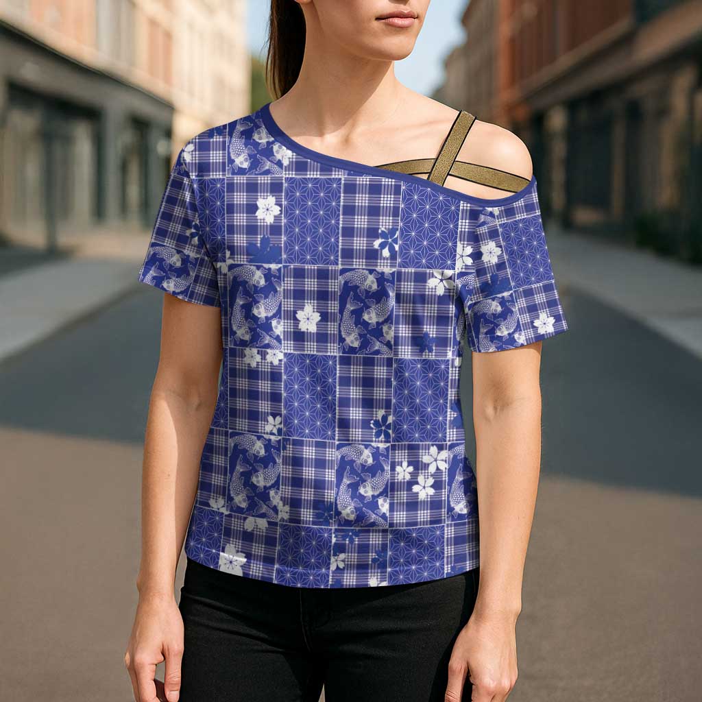Blue Palaka Japanese Patterns Cross Shoulder Shirt Koi Fish Asanoha Sakura Patchwork Stylized - Polynesian Pride
