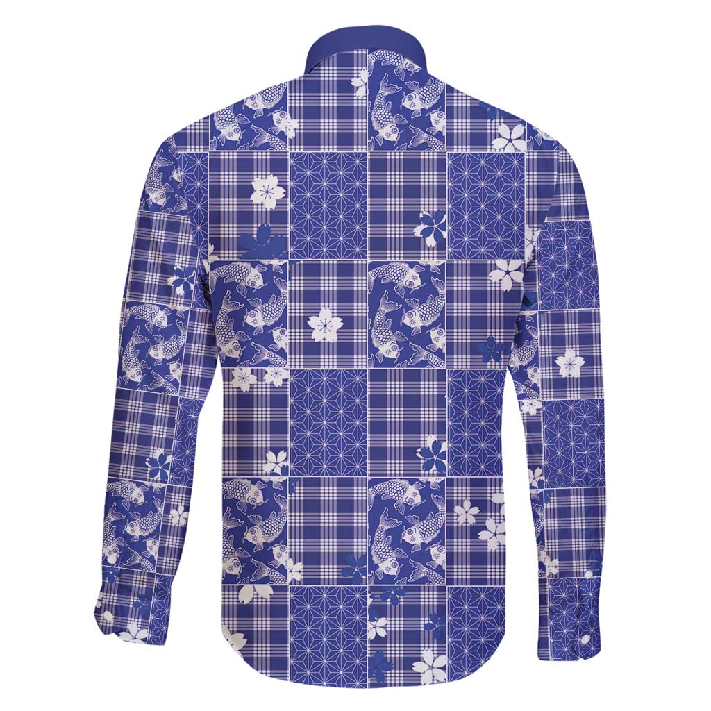 Blue Palaka Japanese Patterns Family Matching Long Sleeve Bodycon Dress and Hawaiian Shirt Koi Fish Asanoha Sakura Patchwork Stylized - Polynesian Pride