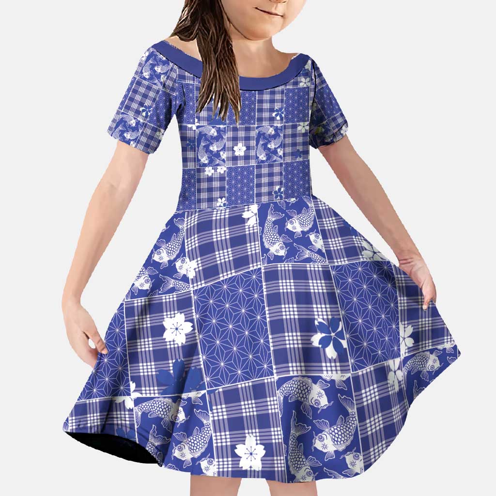 Blue Palaka Japanese Patterns Family Matching Mermaid Dress and Hawaiian Shirt Koi Fish Asanoha Sakura Patchwork Stylized - Polynesian Pride