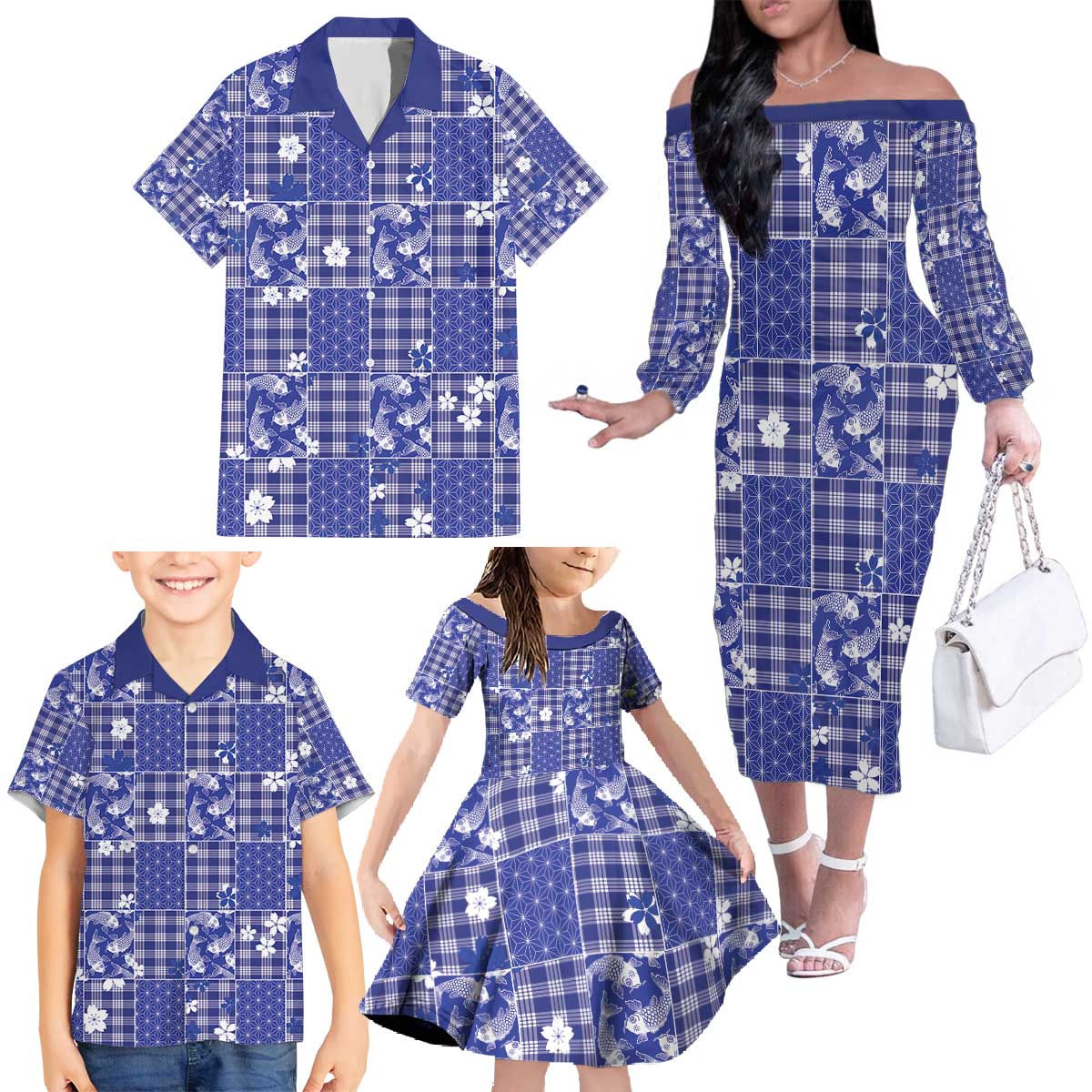 Blue Palaka Japanese Patterns Family Matching Off The Shoulder Long Sleeve Dress and Hawaiian Shirt Koi Fish Asanoha Sakura Patchwork Stylized LT14 - Polynesian Pride
