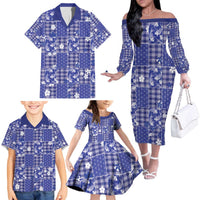 Blue Palaka Japanese Patterns Family Matching Off The Shoulder Long Sleeve Dress and Hawaiian Shirt Koi Fish Asanoha Sakura Patchwork Stylized LT14 - Polynesian Pride