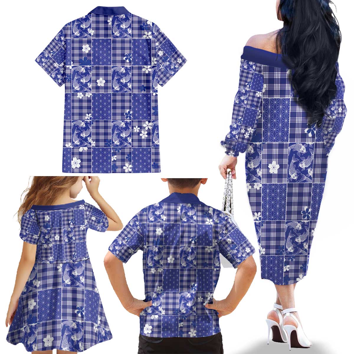 Blue Palaka Japanese Patterns Family Matching Off The Shoulder Long Sleeve Dress and Hawaiian Shirt Koi Fish Asanoha Sakura Patchwork Stylized LT14 - Polynesian Pride