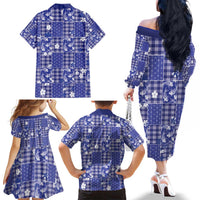 Blue Palaka Japanese Patterns Family Matching Off The Shoulder Long Sleeve Dress and Hawaiian Shirt Koi Fish Asanoha Sakura Patchwork Stylized LT14 - Polynesian Pride