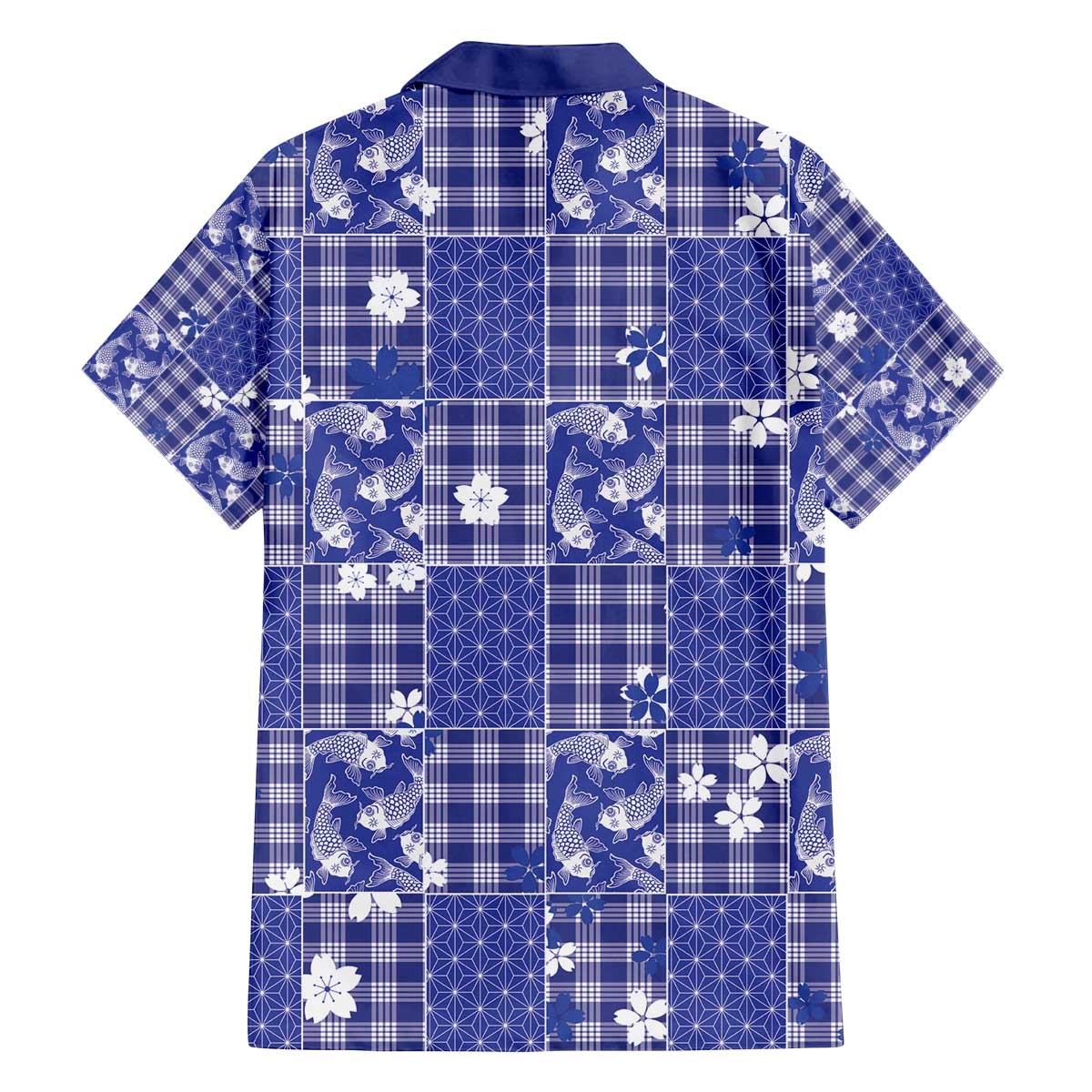 Blue Palaka Japanese Patterns Family Matching Off The Shoulder Long Sleeve Dress and Hawaiian Shirt Koi Fish Asanoha Sakura Patchwork Stylized LT14 - Polynesian Pride