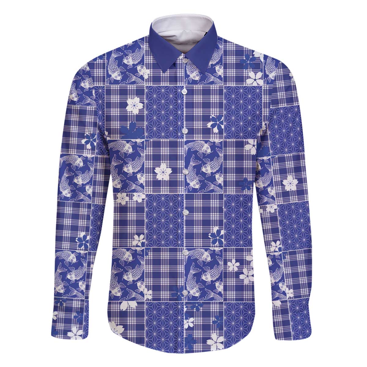 Blue Palaka Japanese Patterns Family Matching Off The Shoulder Long Sleeve Dress and Hawaiian Shirt Koi Fish Asanoha Sakura Patchwork Stylized LT14 Dad's Shirt - Long Sleeve Blue - Polynesian Pride