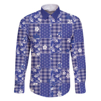 Blue Palaka Japanese Patterns Family Matching Off The Shoulder Long Sleeve Dress and Hawaiian Shirt Koi Fish Asanoha Sakura Patchwork Stylized LT14 Dad's Shirt - Long Sleeve Blue - Polynesian Pride