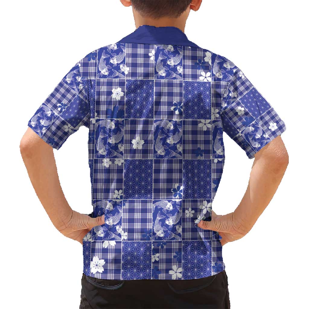 Blue Palaka Japanese Patterns Family Matching Puletasi and Hawaiian Shirt Koi Fish Asanoha Sakura Patchwork Stylized - Polynesian Pride