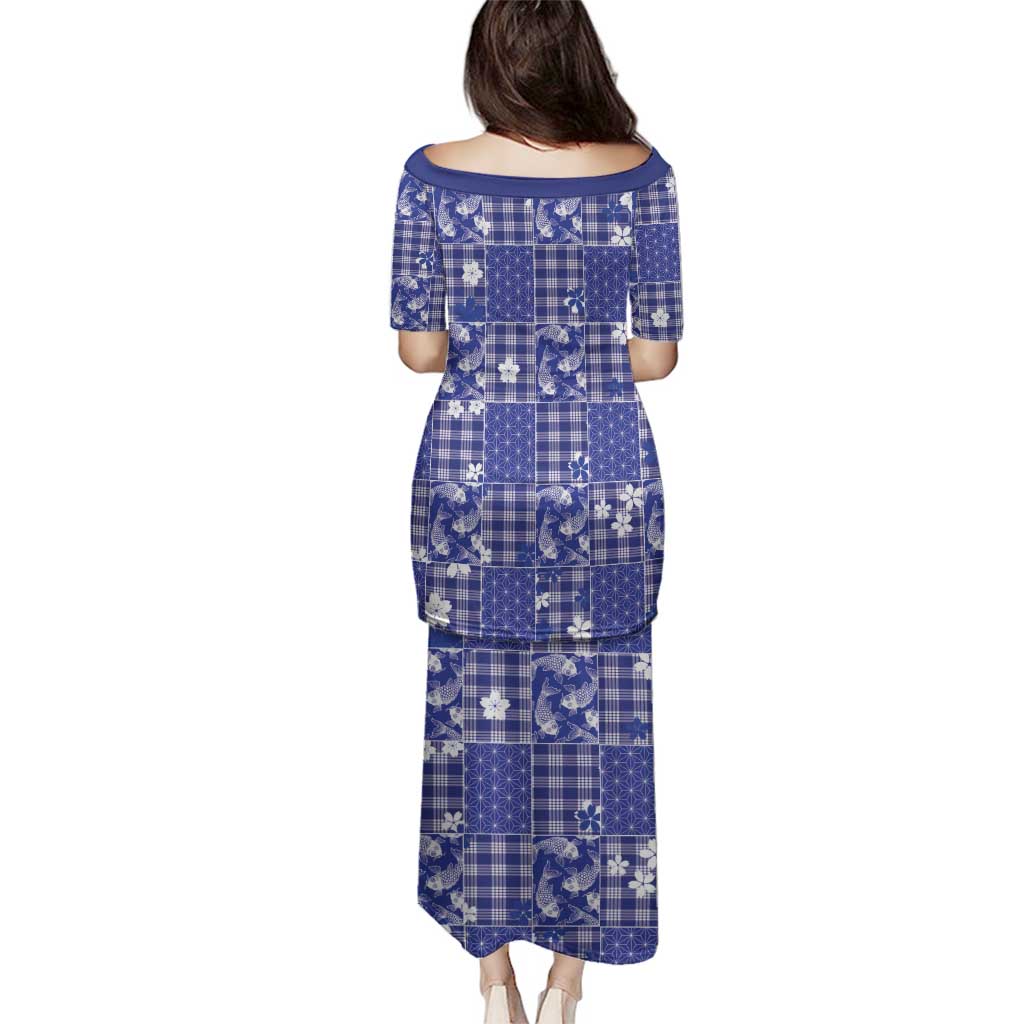 Blue Palaka Japanese Patterns Family Matching Puletasi and Hawaiian Shirt Koi Fish Asanoha Sakura Patchwork Stylized - Polynesian Pride