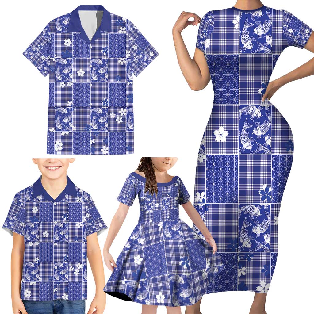 Blue Palaka Japanese Patterns Family Matching Short Sleeve Bodycon Dress and Hawaiian Shirt Koi Fish Asanoha Sakura Patchwork Stylized LT14 - Polynesian Pride