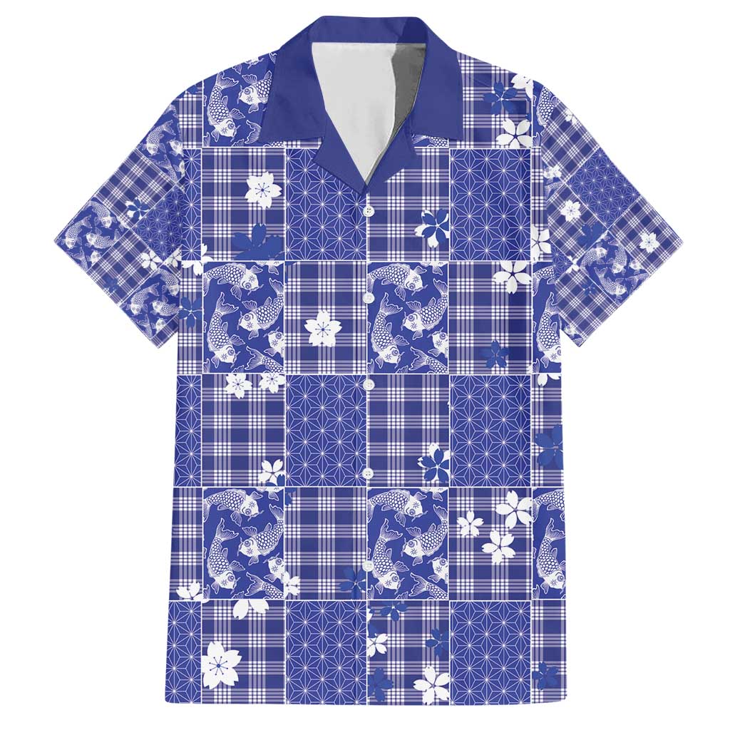 Blue Palaka Japanese Patterns Family Matching Short Sleeve Bodycon Dress and Hawaiian Shirt Koi Fish Asanoha Sakura Patchwork Stylized LT14 Dad's Shirt - Short Sleeve Blue - Polynesian Pride