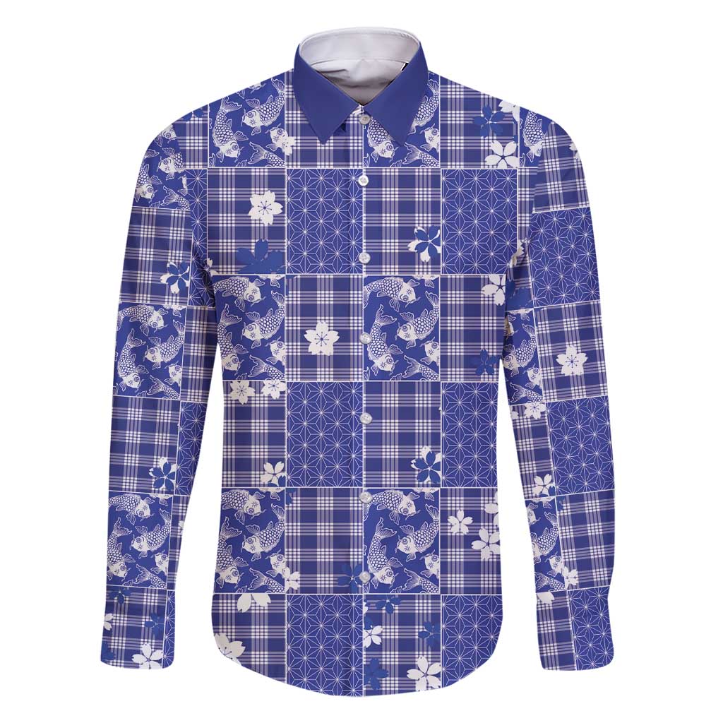 Blue Palaka Japanese Patterns Family Matching Short Sleeve Bodycon Dress and Hawaiian Shirt Koi Fish Asanoha Sakura Patchwork Stylized LT14 Dad's Shirt - Long Sleeve Blue - Polynesian Pride