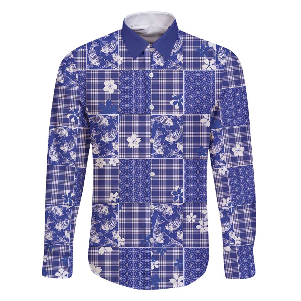 Blue Palaka Japanese Patterns Family Matching Summer Maxi Dress and Hawaiian Shirt Koi Fish Asanoha Sakura Patchwork Stylized - Polynesian Pride